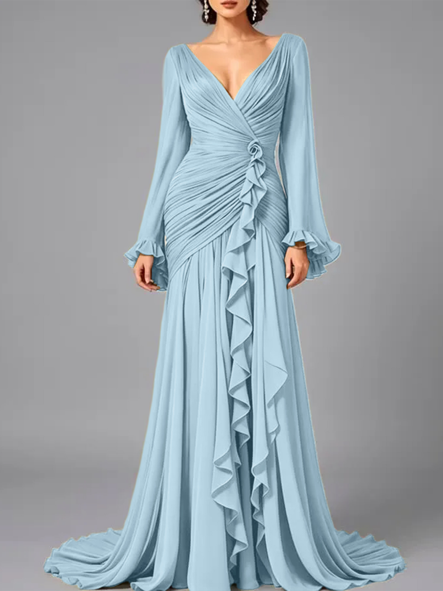 V-Neck Sheer Long Sleeve Ruffled Chiffon Dress