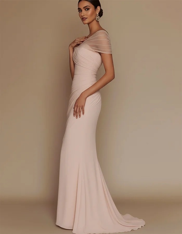 Dusty Pink One-Shoulder Mesh-Patched Pleated Mermaid Maxi Dress
