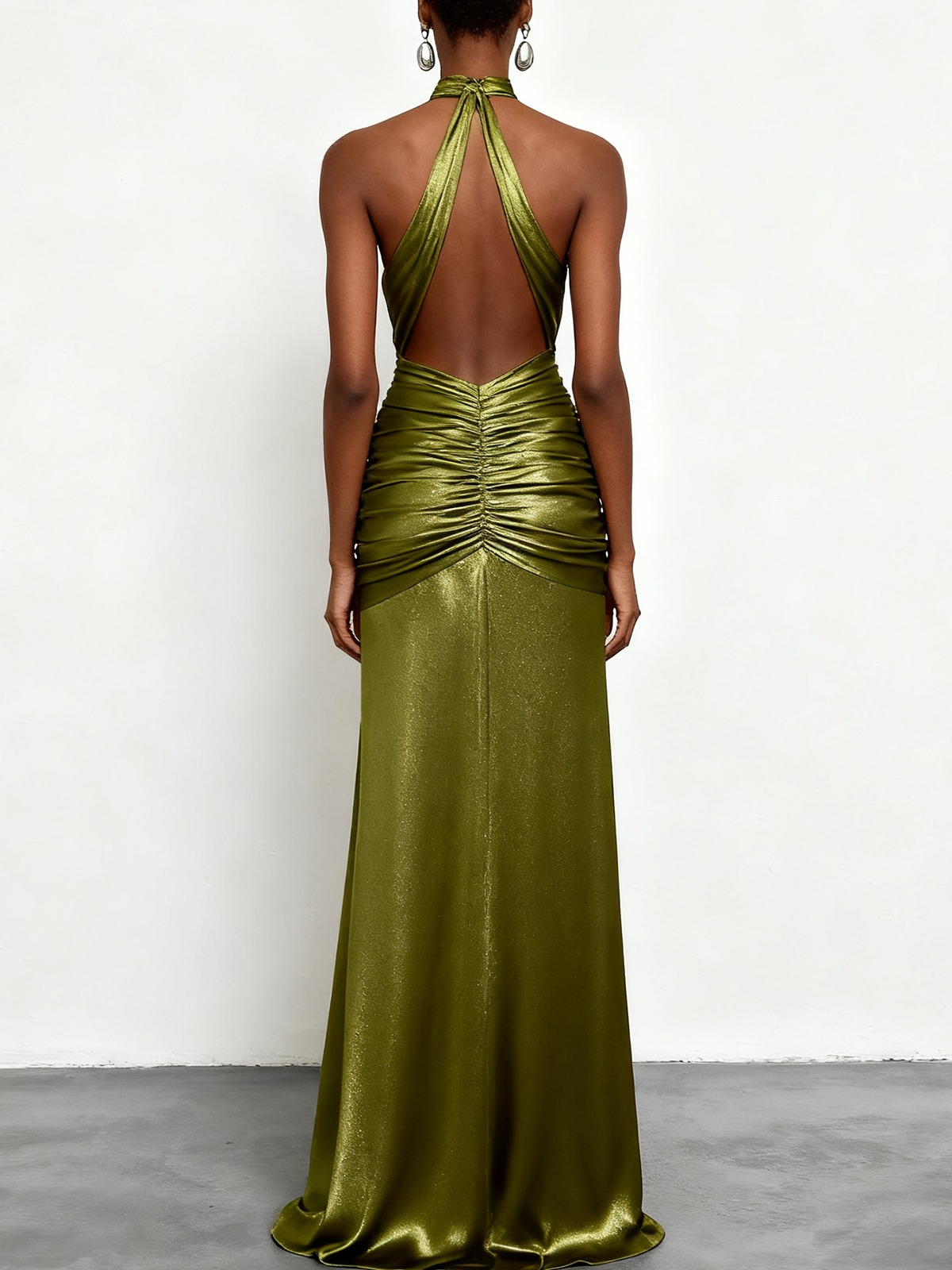 Green Ruched Side-Slit Satin Halter Sleeveless A-Line Gown Dress