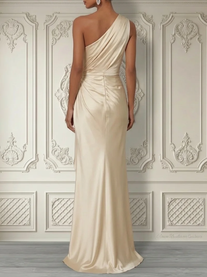 Purplish Blue 3D Floral Ruched Satin One Shoulder Sleeveless Sheath Floor-length Gown Dress