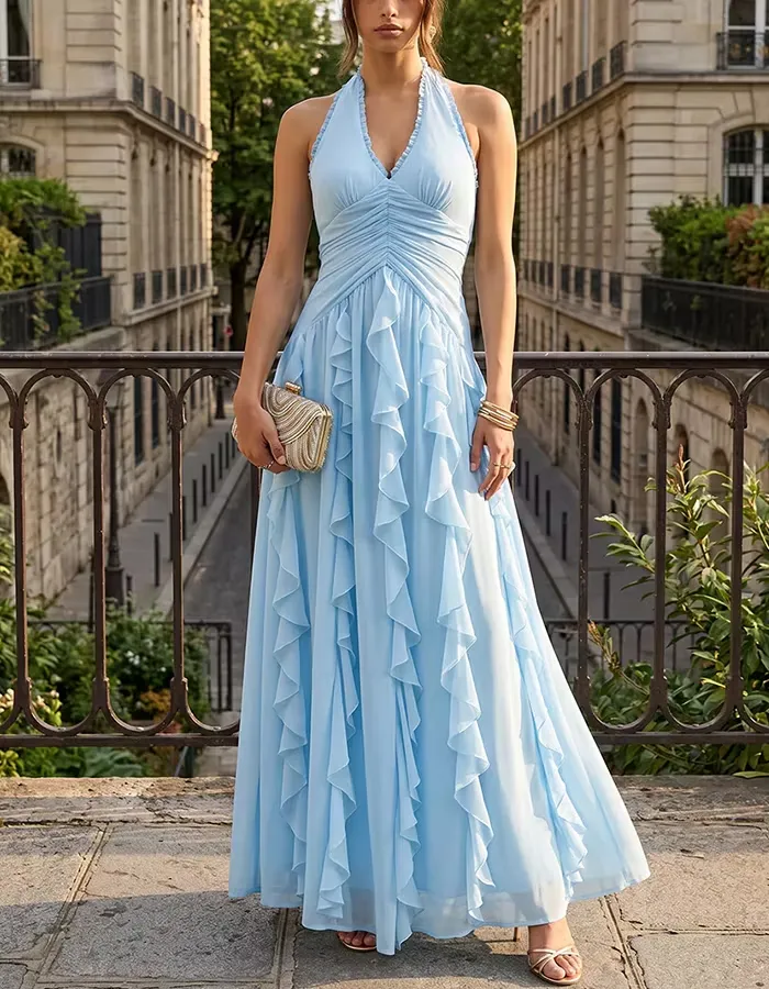 Light Blue Halter V-Neck Chiffon Ruffled Maxi Dress