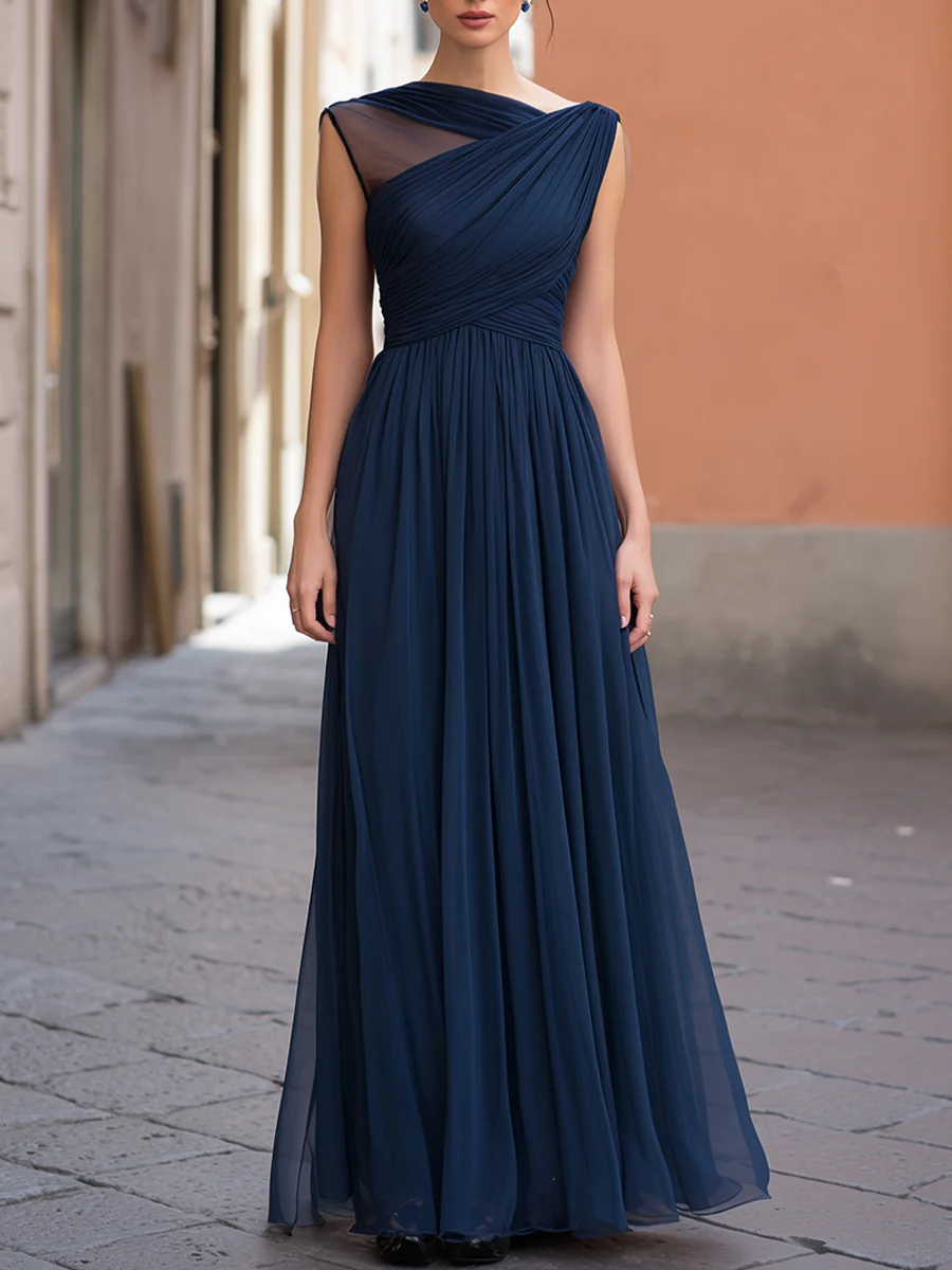 Asymmetric Pleated Overlay Maxi Dress
