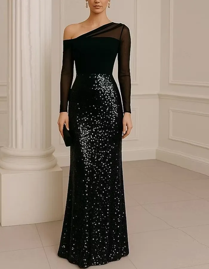 Black Asymmetrical Off-the-shoulder Mesh Long-sleeved Sequined Maxi Dress
