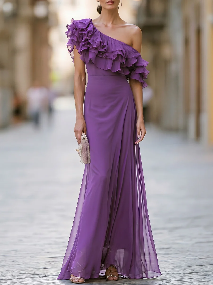 Chiffon One-Shoulder Ruffle Maxi Dress