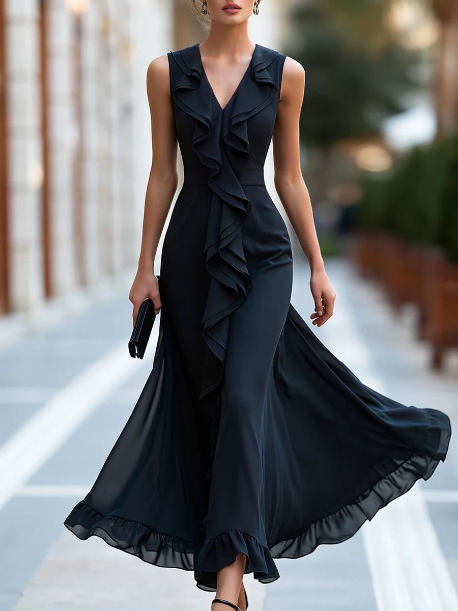Elegant Front Ruffle Trim Chiffon Maxi Dress
