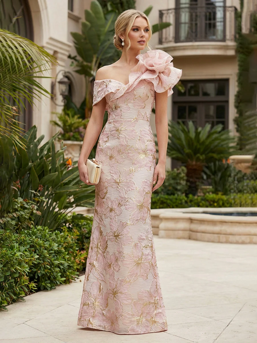 Sheath Floral Jacquard Off The Shoulder Maxi Dress