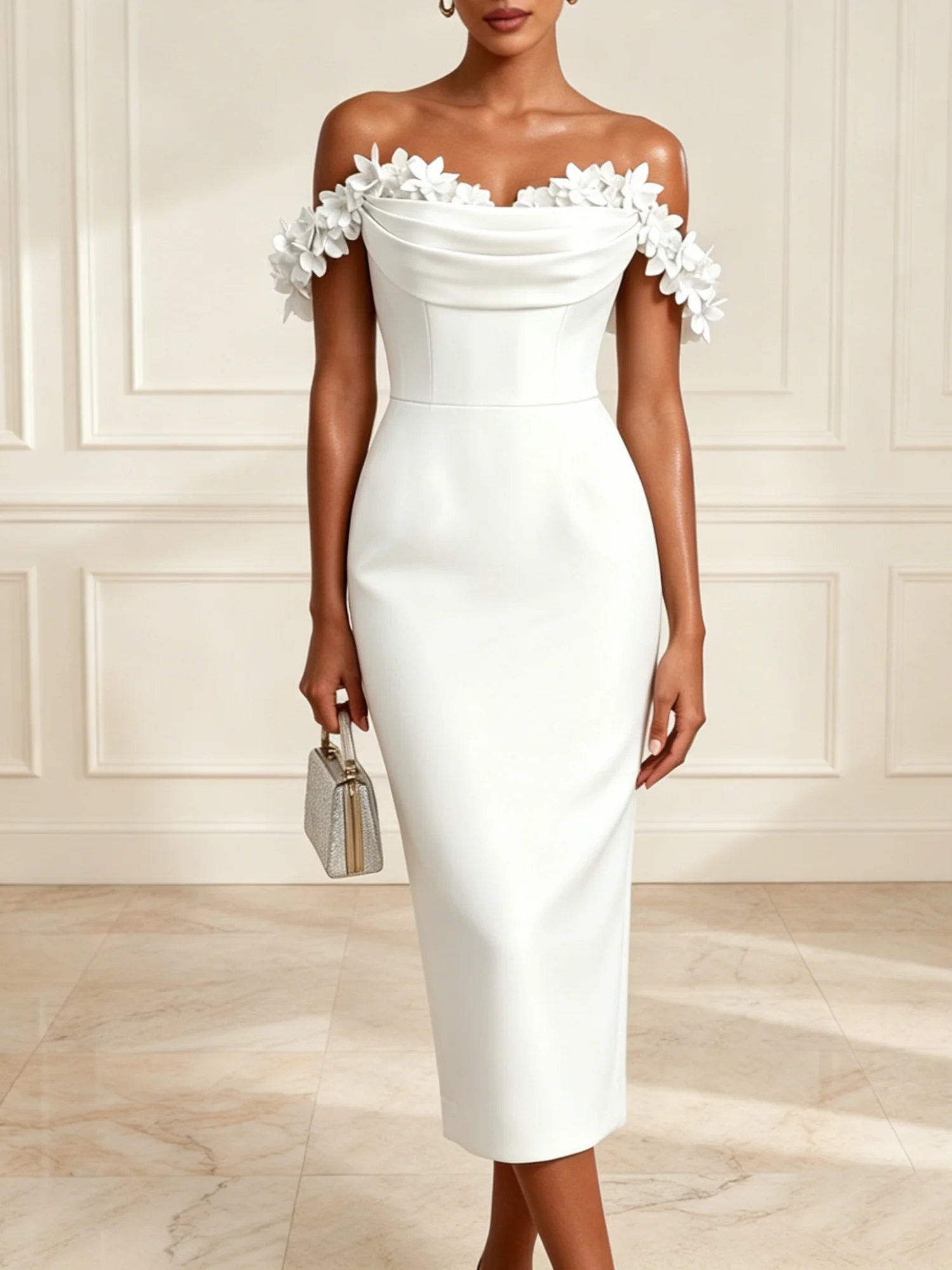 White 3D Floral Classic Off The Shoulder Sleeveless Sheath Midi Dress