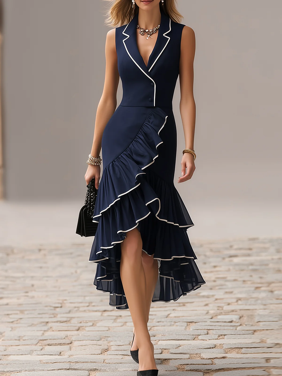 Navy Contrast Trim Sleeveless Mermaid Midi Dress