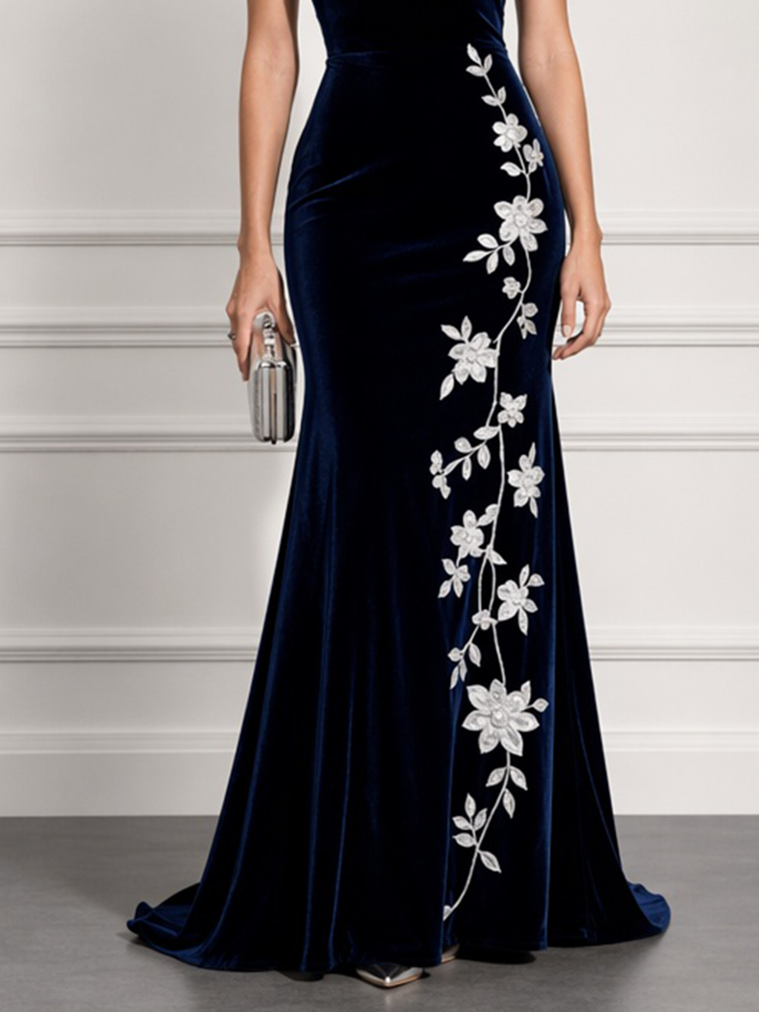 Off-the-Shoulder Draped Neck Navy Velvet Mermaid Evening Gown with White Floral Appliqués