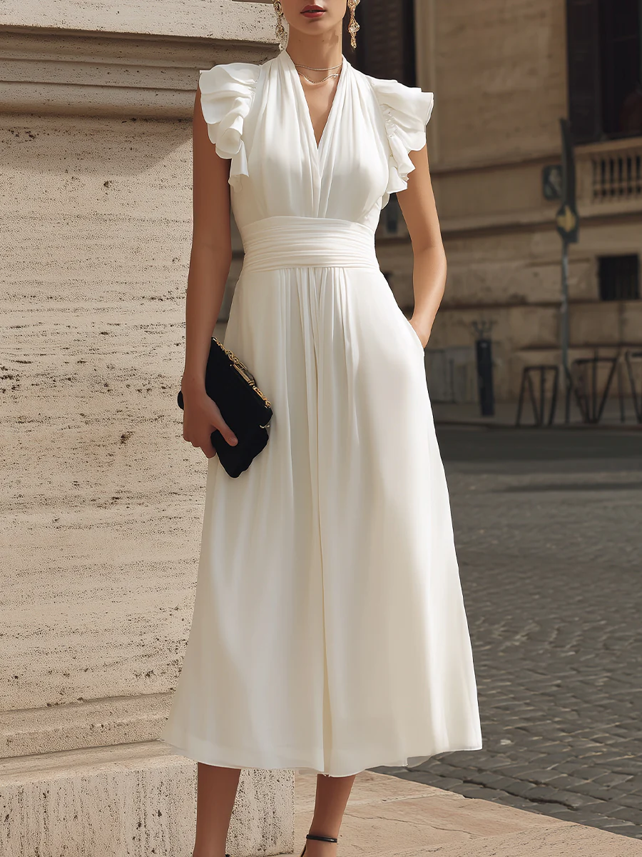 Ruffle Sleeve Ruched Waist Midi Dress