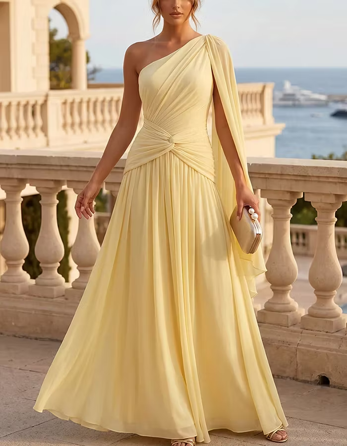 Yellow One Shoulder Cape Sleeve Chiffon Maxi Dress