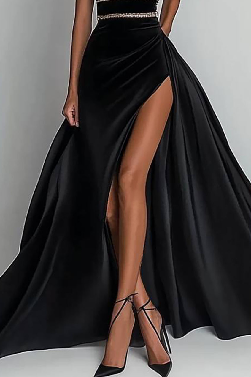 Formal Evening Satin Dress Black Strapless High Slit Maxi Gown