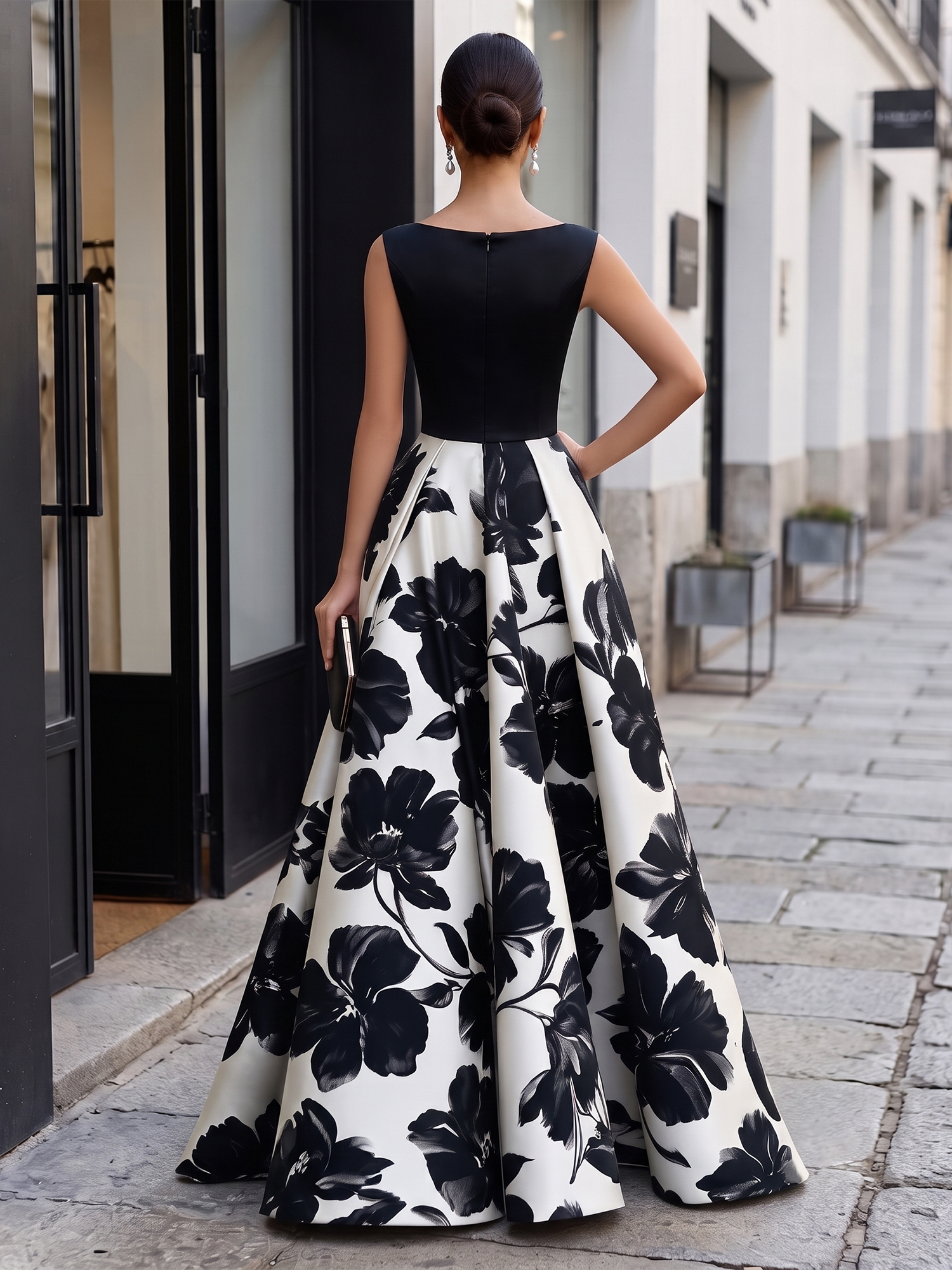 Elegant Monochrome Floral Ball Gown