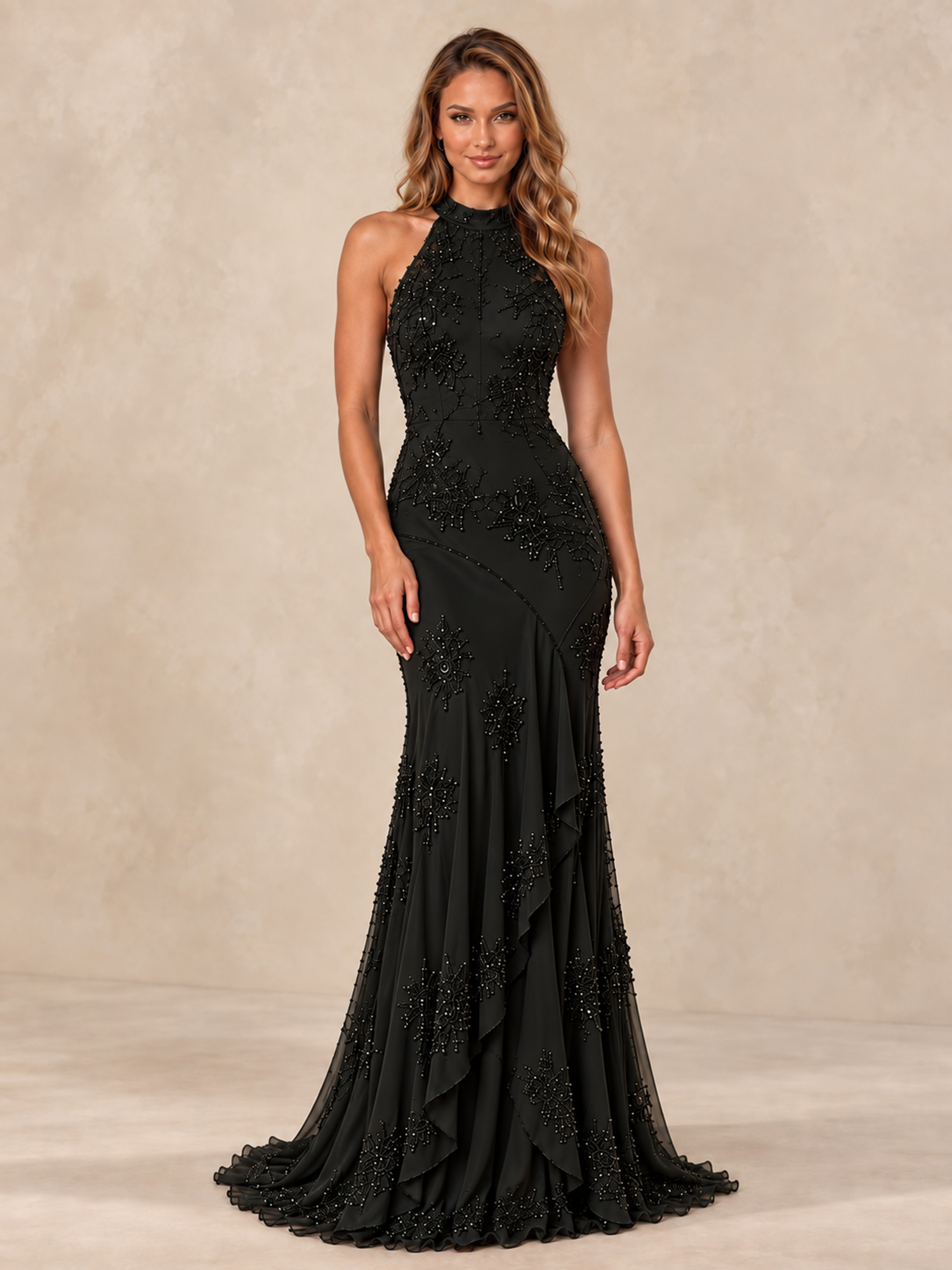 Beaded Long Chiffon Halter Prom Dress