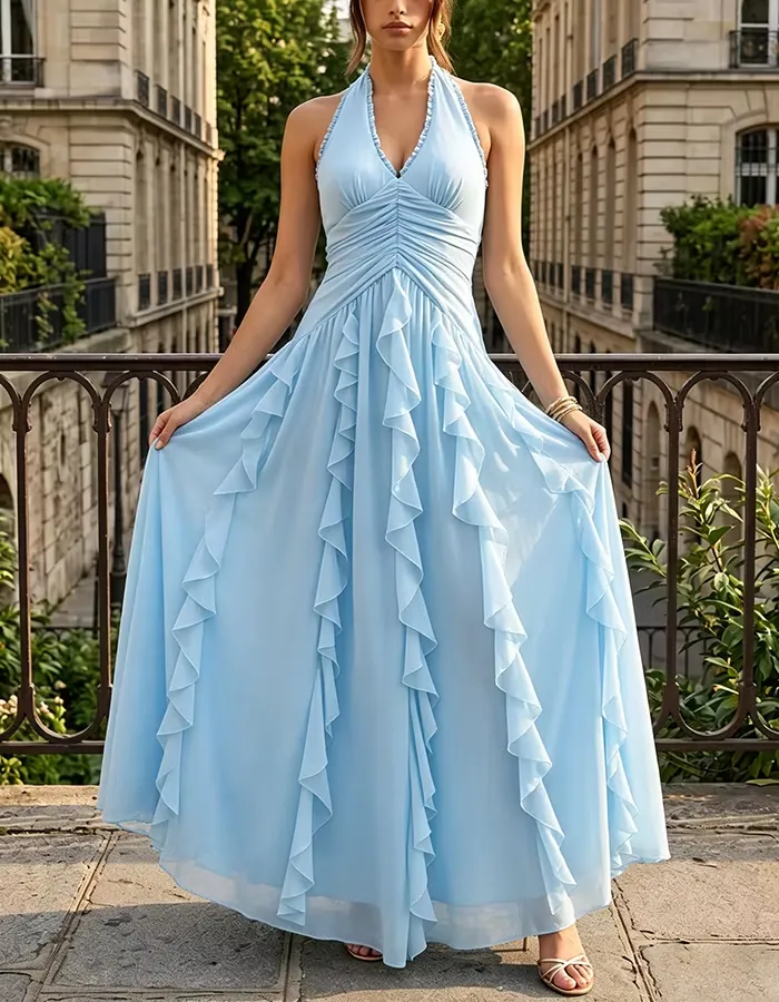 Light Blue Halter V-Neck Chiffon Ruffled Maxi Dress