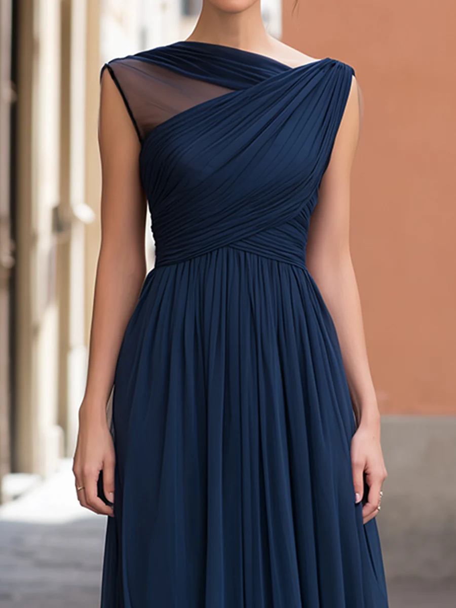 Asymmetric Pleated Overlay Maxi Dress