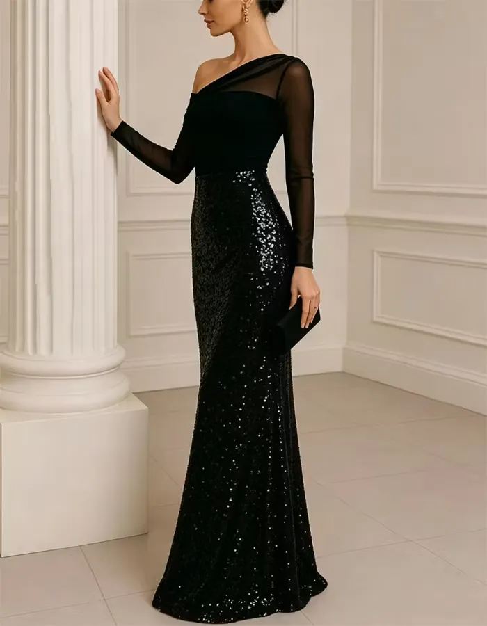 Black Asymmetrical Off-the-shoulder Mesh Long-sleeved Sequined Maxi Dress