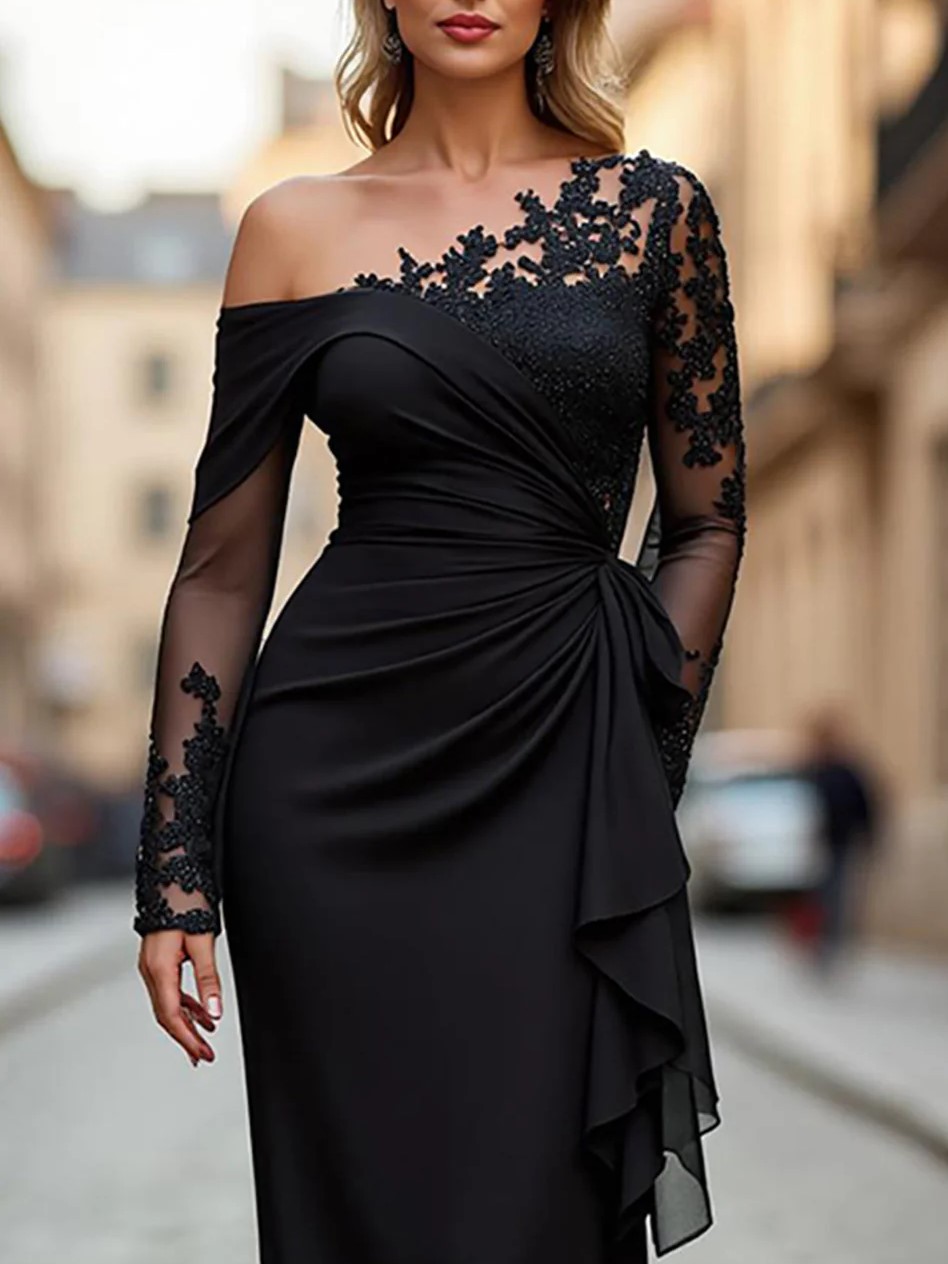 Black Appliques Ruched One Shoulder Long Sleeves Maxi Dress