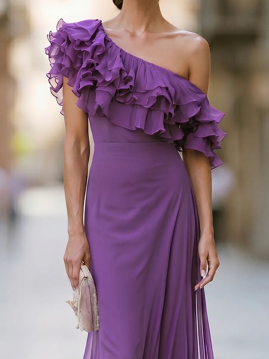 Chiffon One-Shoulder Ruffle Maxi Dress