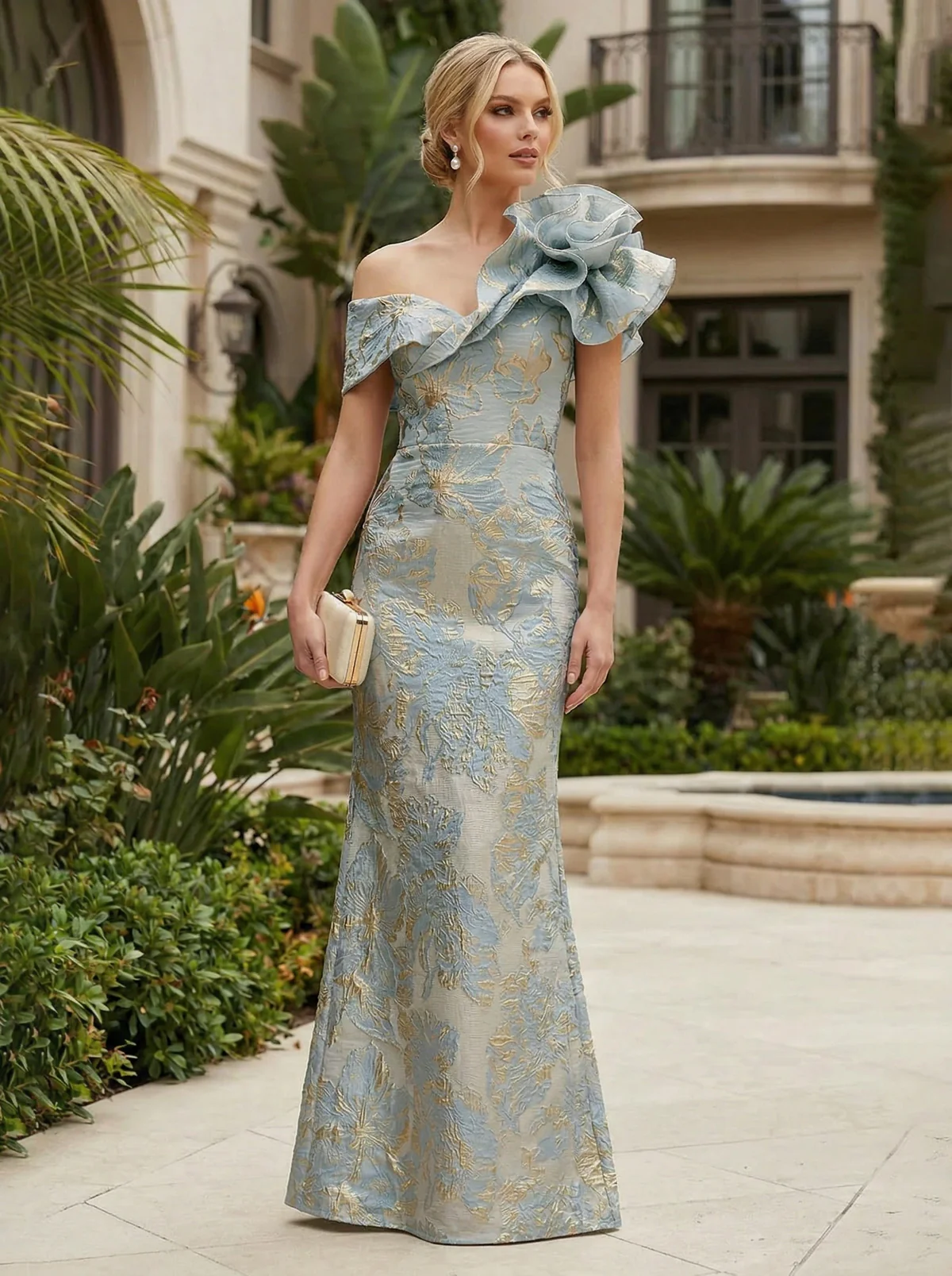 Sheath Floral Jacquard Off The Shoulder Maxi Dress