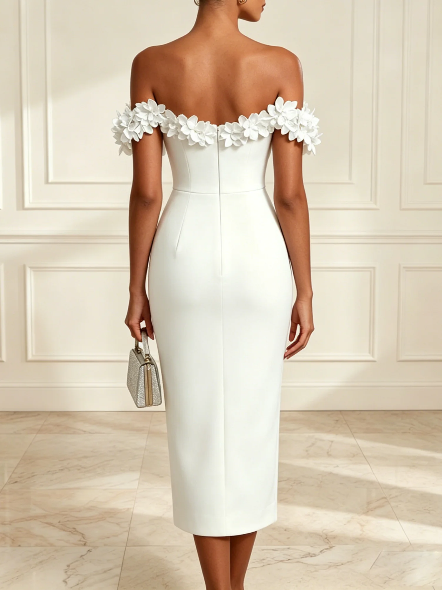 White 3D Floral Classic Off The Shoulder Sleeveless Sheath Midi Dress