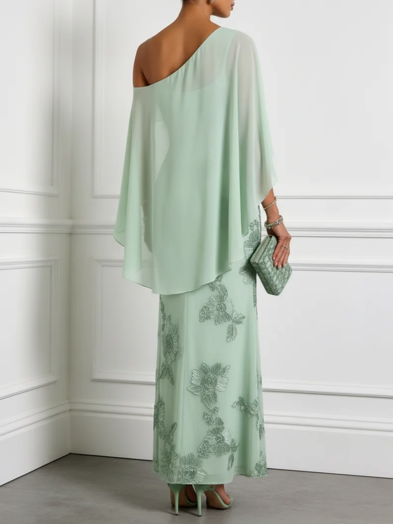 Light Green 3D Floral Jacquard Classic One Shoulder Cap Sleeve Sheath Maxi Dress