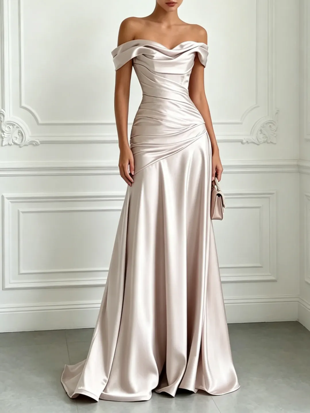 Champagne Off-The-Shoulder Ruched Satin Gown with Train