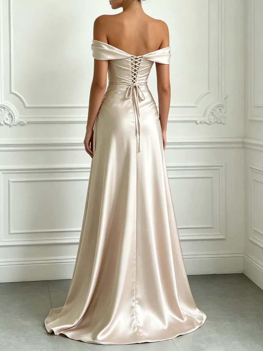 Champagne Off-The-Shoulder Ruched Satin Gown with Train