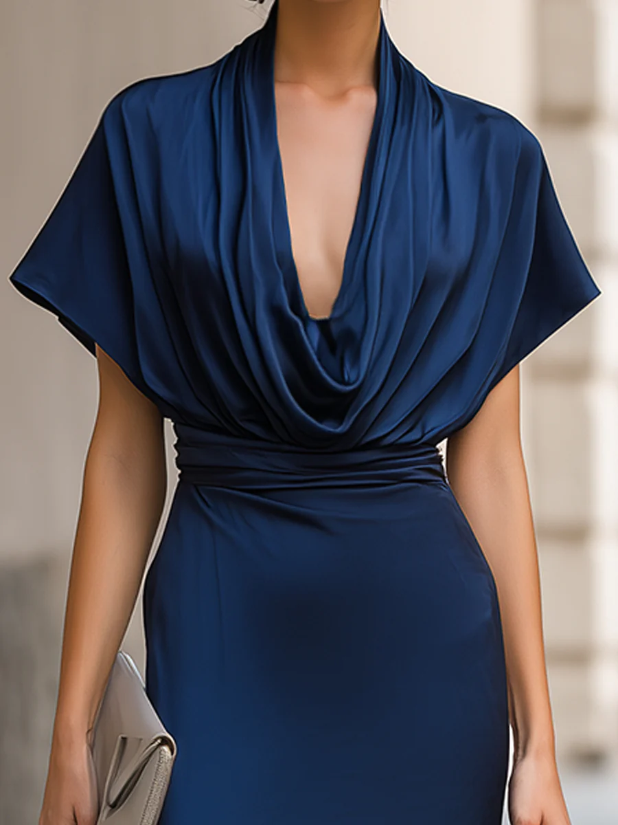 Draped Cowl Neck Satin Midi Dress