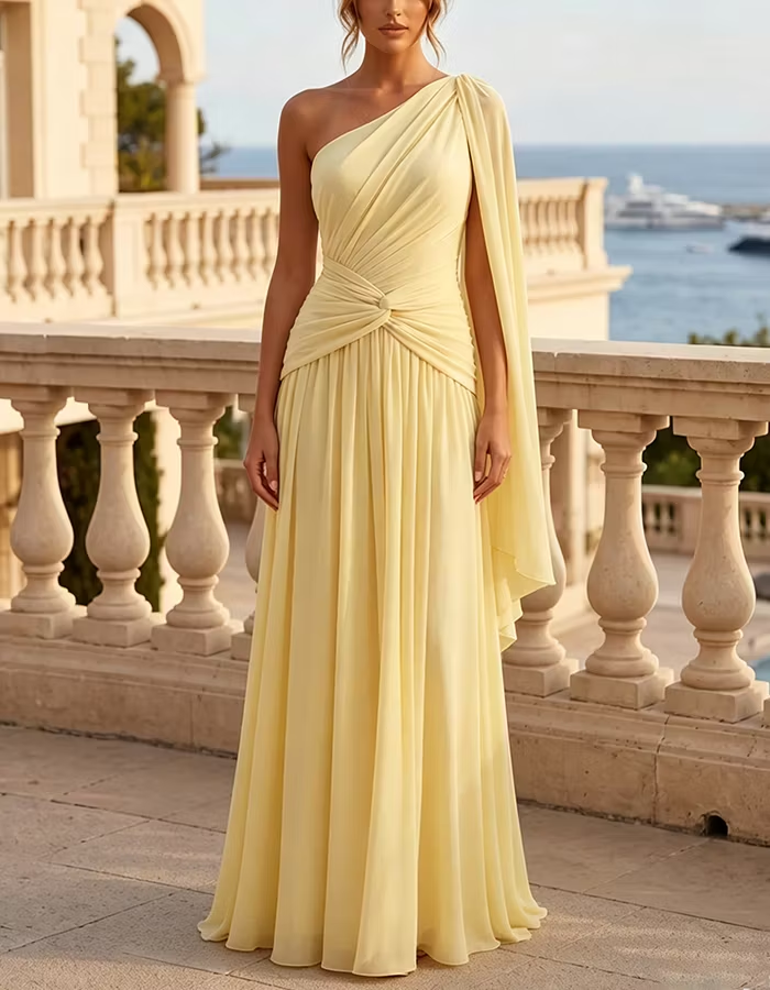 Yellow One Shoulder Cape Sleeve Chiffon Maxi Dress