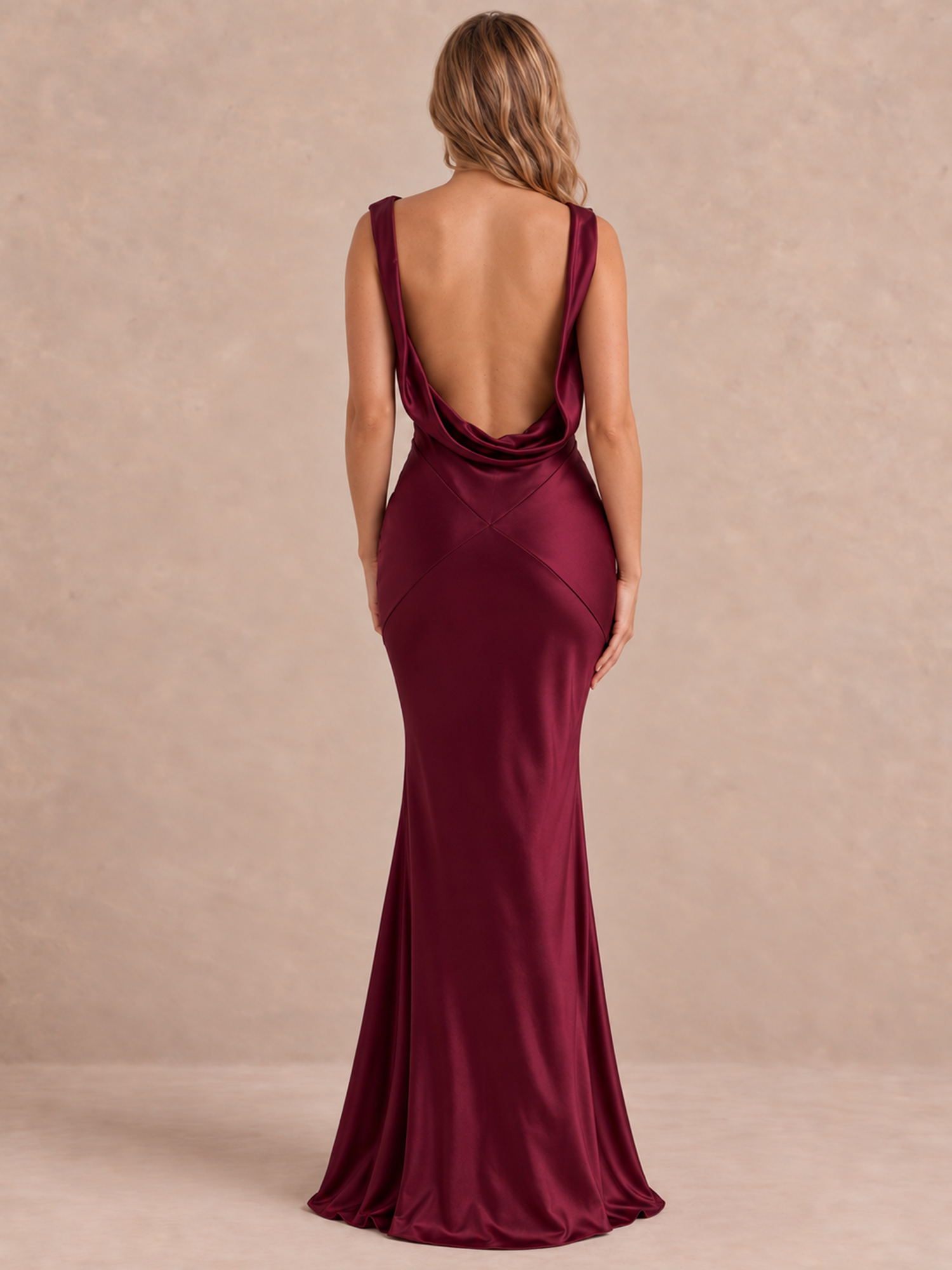 Satin Draped Cowl Back Maxi Formal Dress 