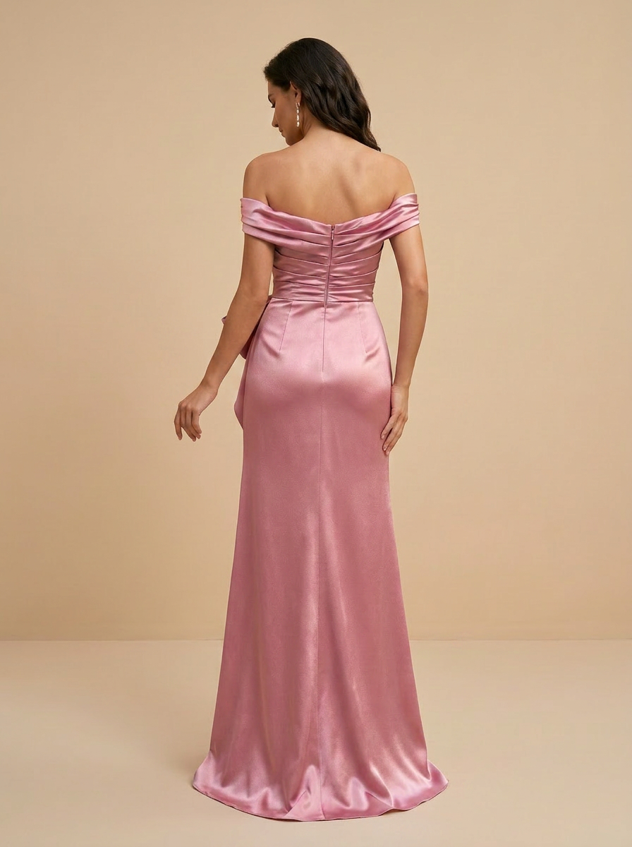 Dusty Rose Off-the-Shoulder Satin Gown with Bow Detail & Rhinestone Accent