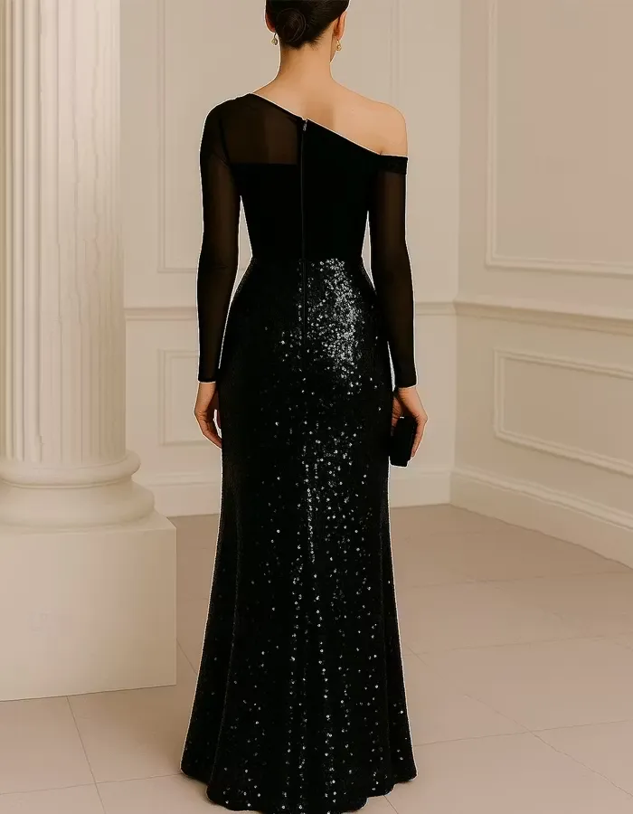Black Asymmetrical Off-the-shoulder Mesh Long-sleeved Sequined Maxi Dress