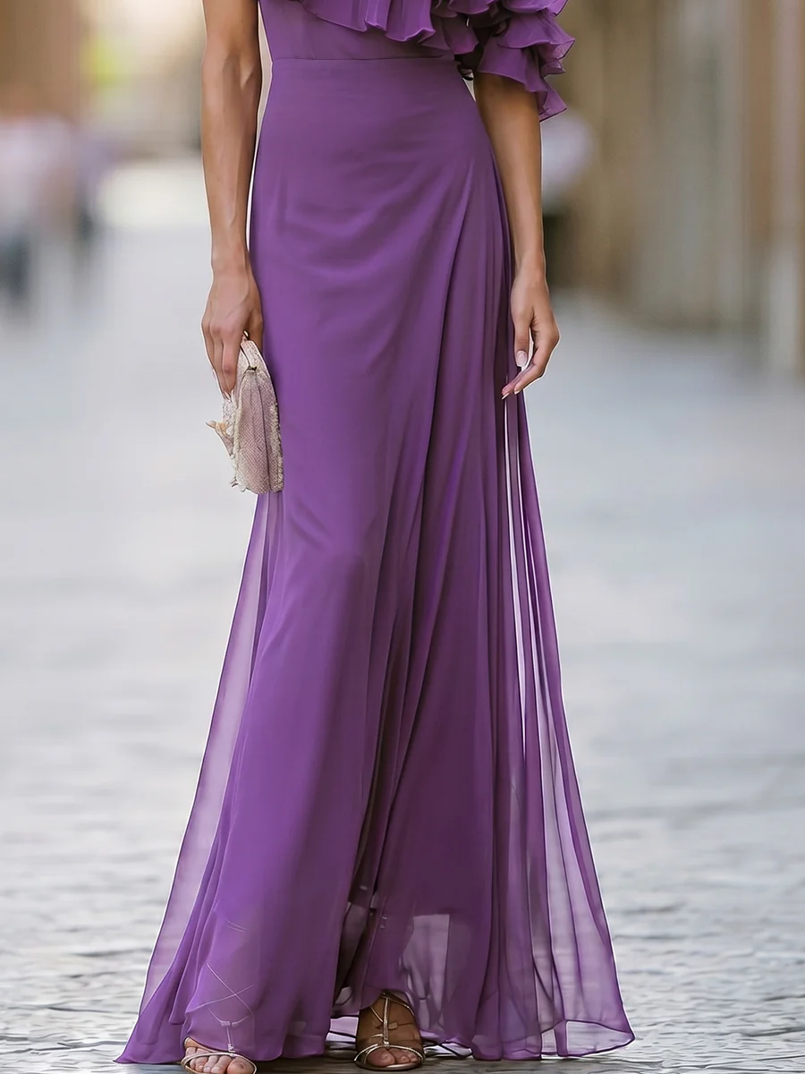 Chiffon One-Shoulder Ruffle Maxi Dress
