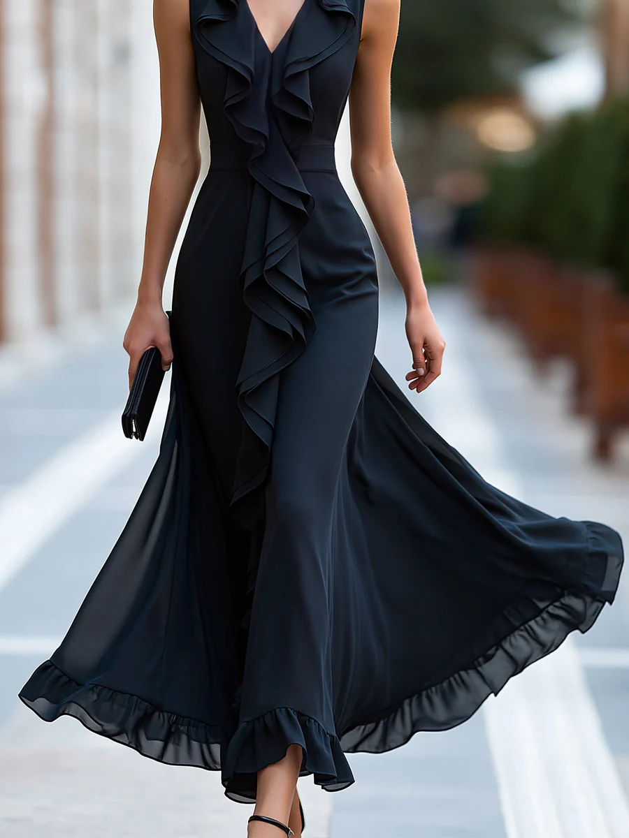 Elegant Front Ruffle Trim Chiffon Maxi Dress