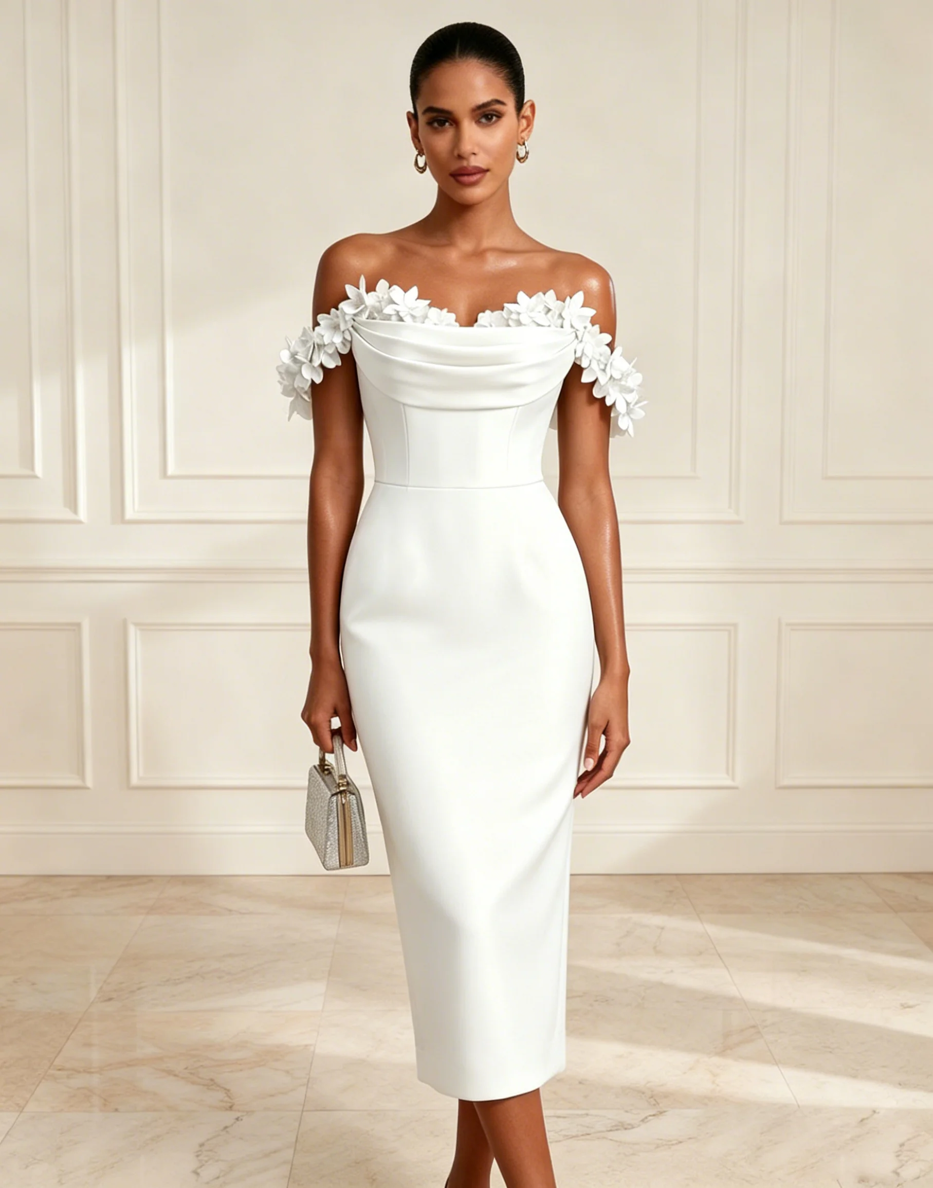 White 3D Floral Classic Off The Shoulder Sleeveless Sheath Midi Dress