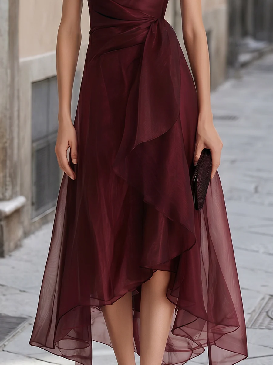 Cowl Collar Wrap Waist Asymmetrical Organza Formal Midi Dress