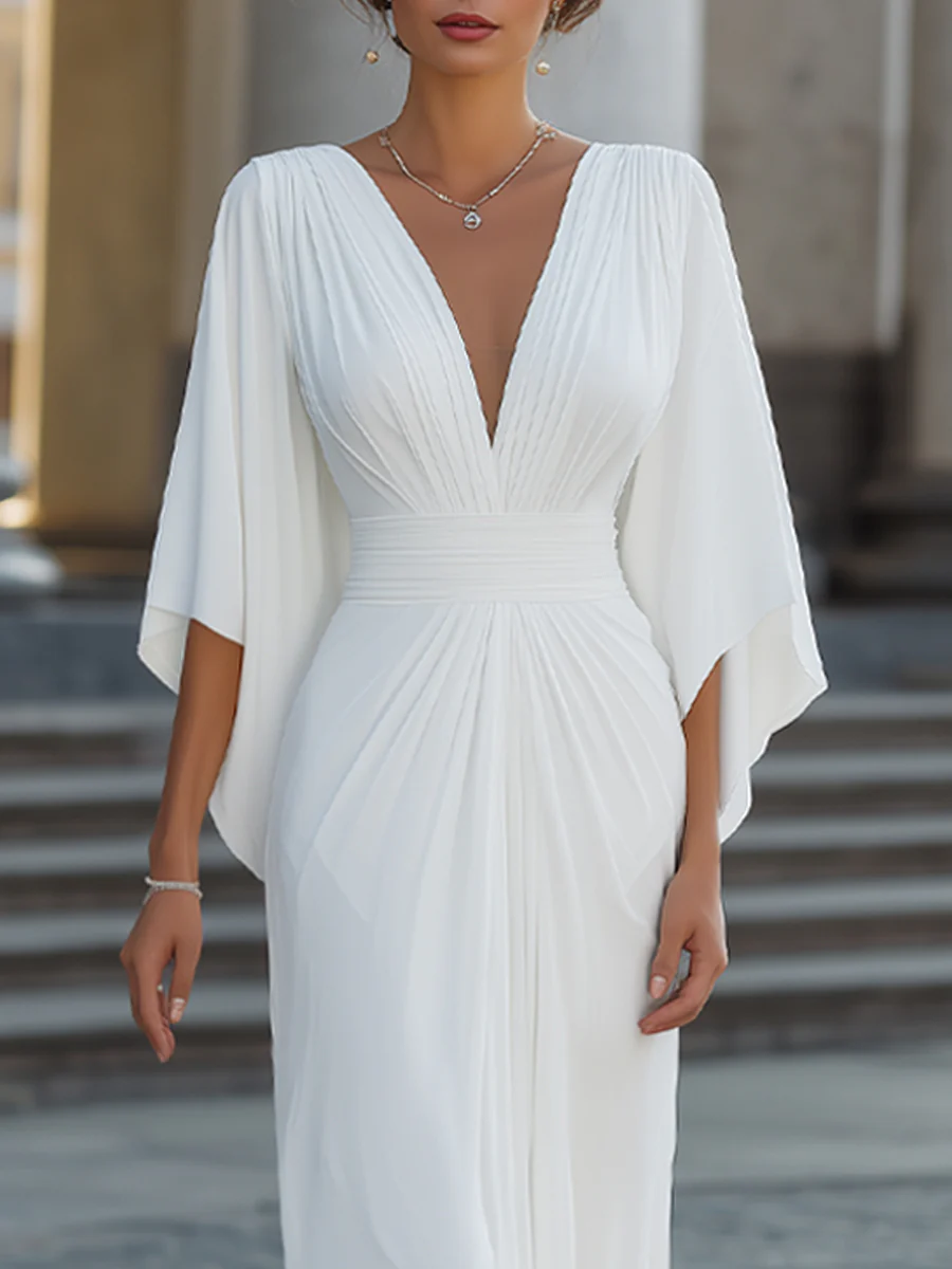 Plunging V-Neck Pleated Ruched Cape Sleeve Maxi Dress