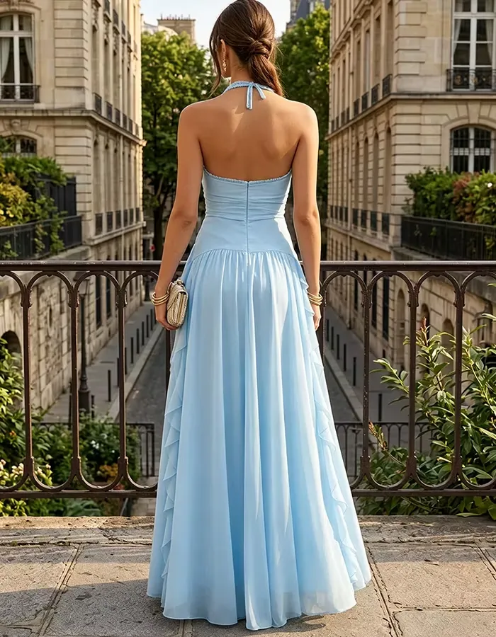 Light Blue Halter V-Neck Chiffon Ruffled Maxi Dress