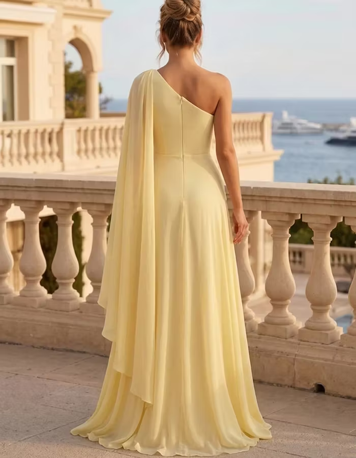 Yellow One Shoulder Cape Sleeve Chiffon Maxi Dress