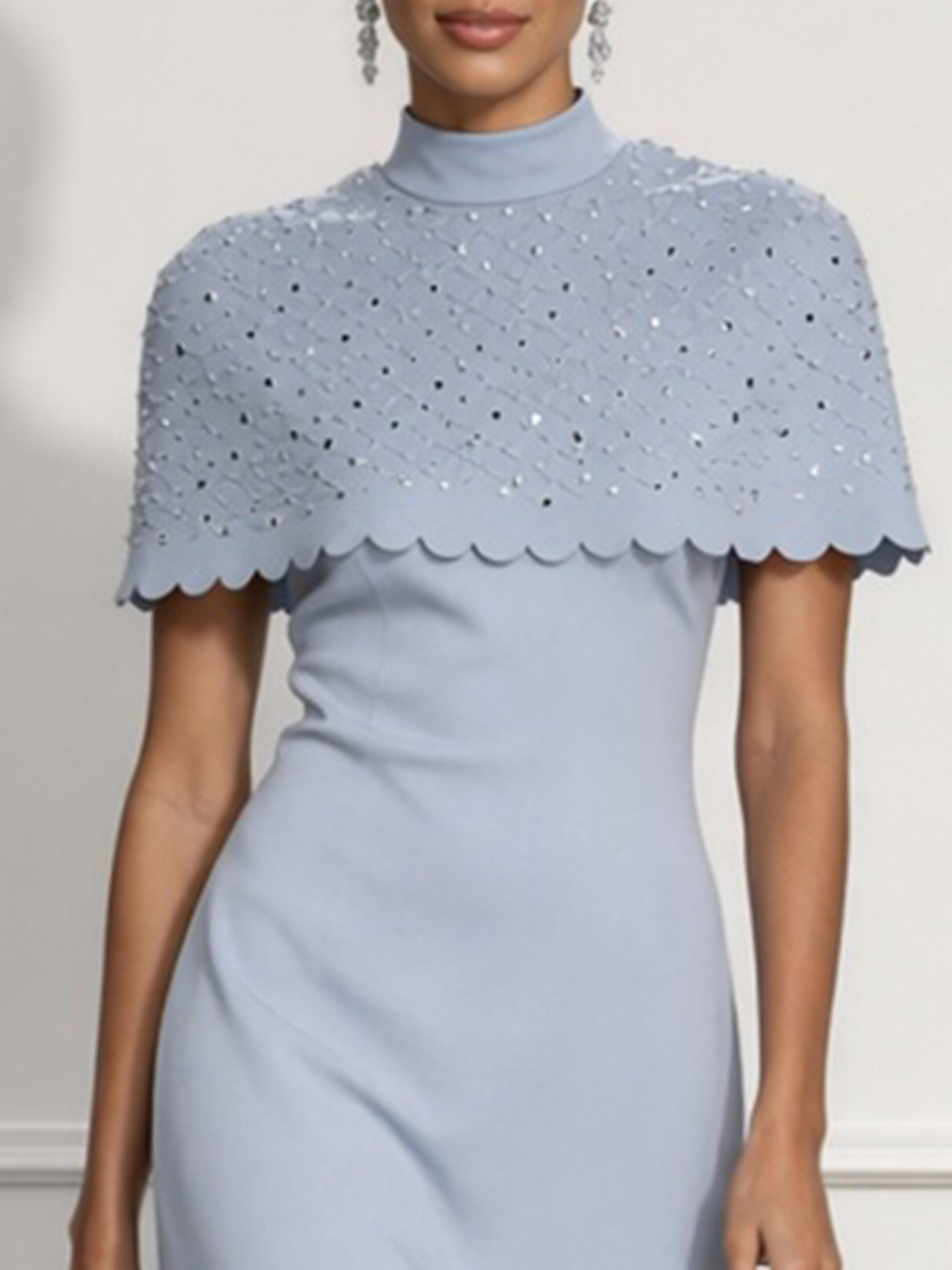 Light Blue High Neck Rhinestone Capelet Sheath Maxi Dress