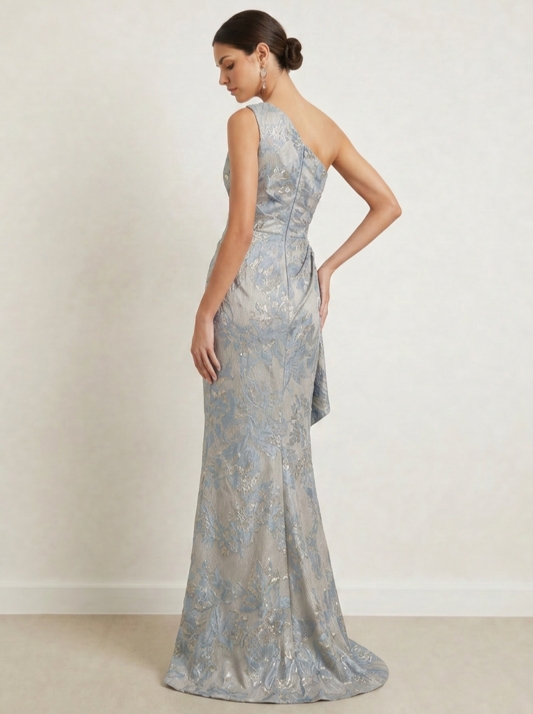 Dusty Blue One-Shoulder Metallic Floral Jacquard Mermaid Maxi Dress