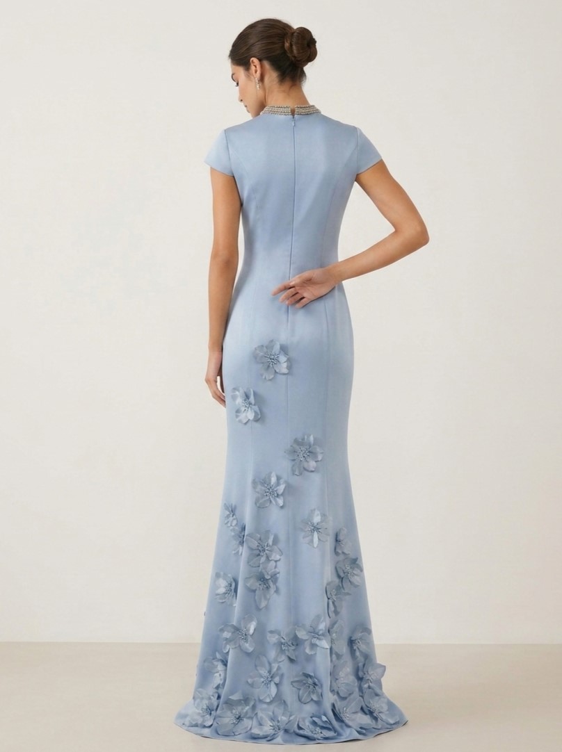 Dusty Blue Beaded Mock Neck Floral Appliqué Mermaid Maxi Dress