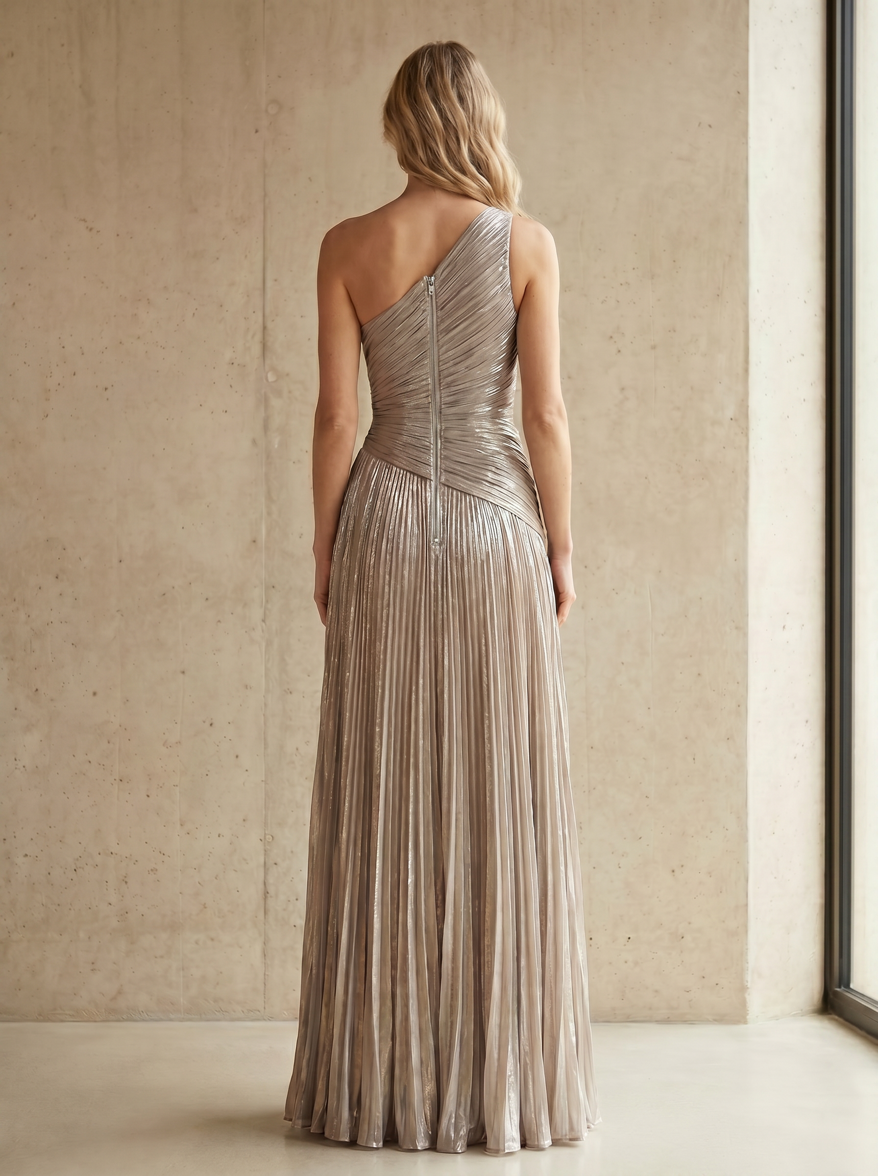 Champagne One-Shoulder Metallic Pleated Maxi Dress