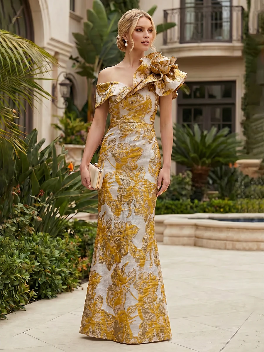 Sheath Floral Jacquard Off The Shoulder Maxi Dress