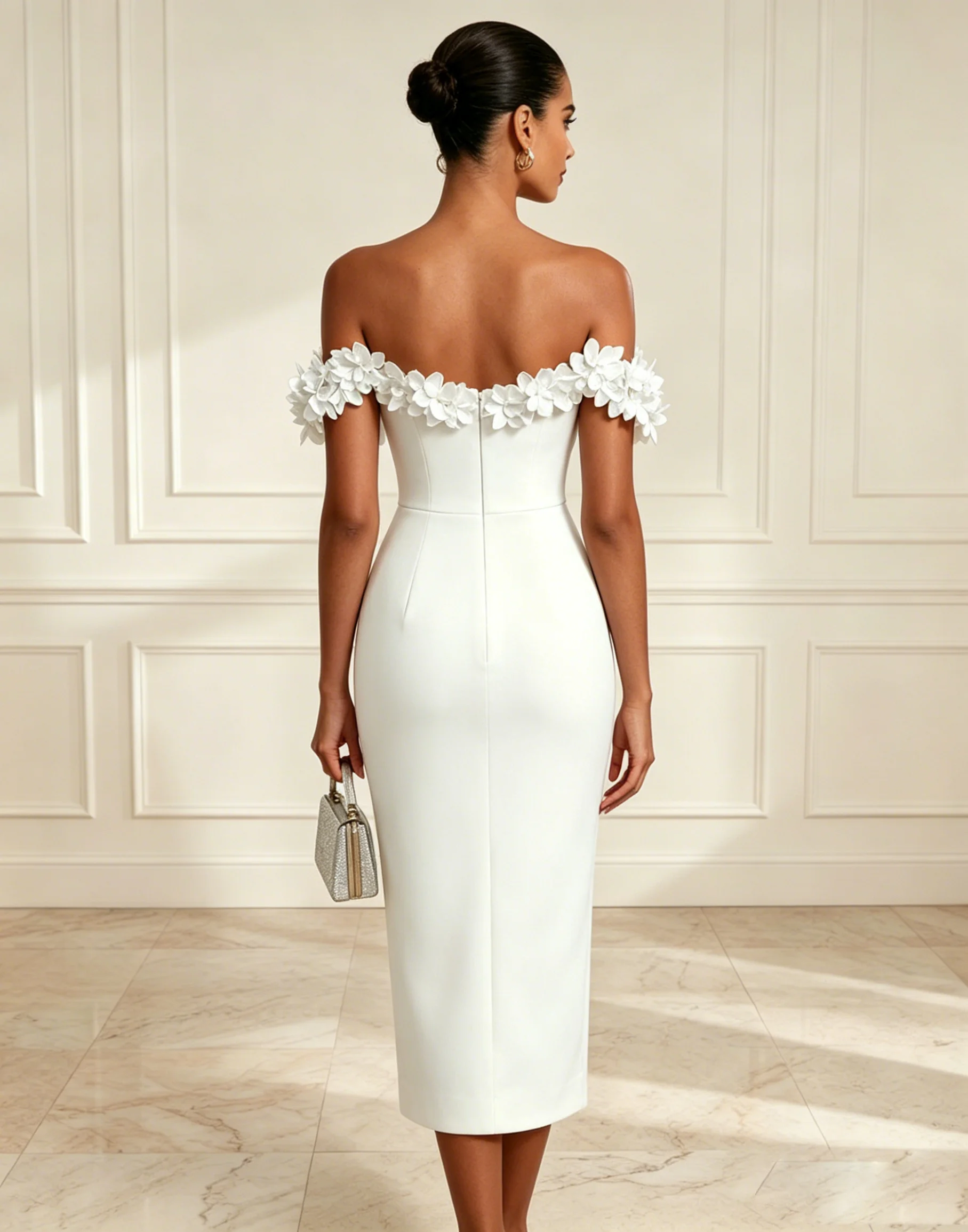 White 3D Floral Classic Off The Shoulder Sleeveless Sheath Midi Dress