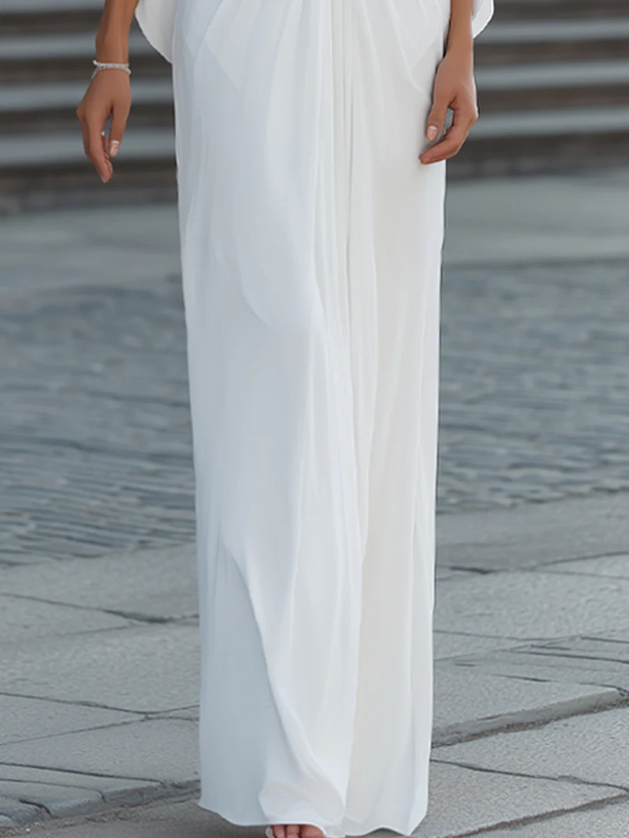 Plunging V-Neck Pleated Ruched Cape Sleeve Maxi Dress