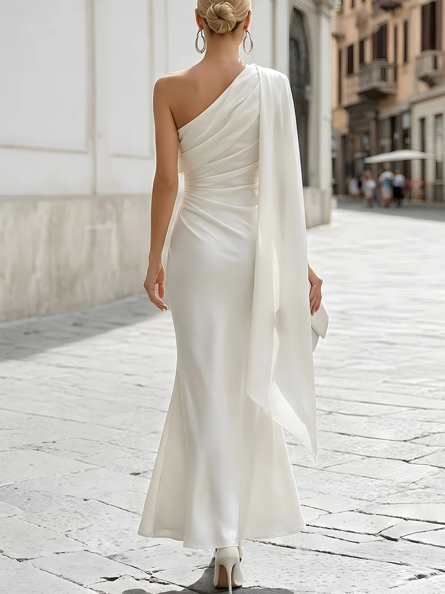 White One-Shoulder Draped Maxi Dresses