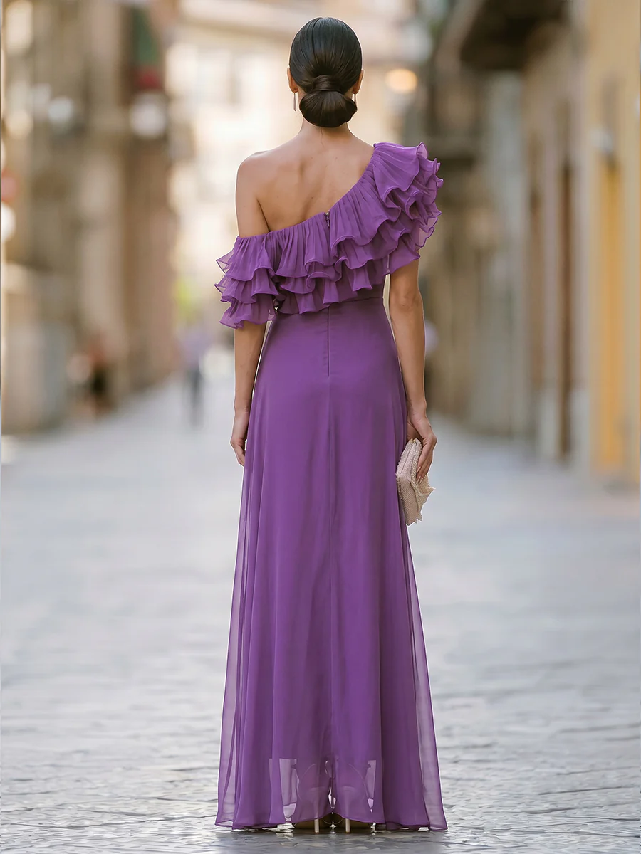 Chiffon One-Shoulder Ruffle Maxi Dress