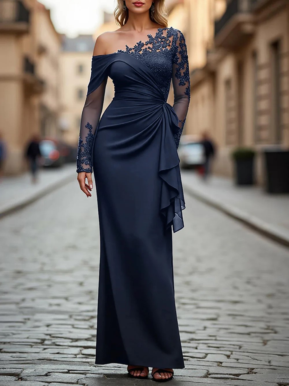 Black Appliques Ruched One Shoulder Long Sleeves Maxi Dress